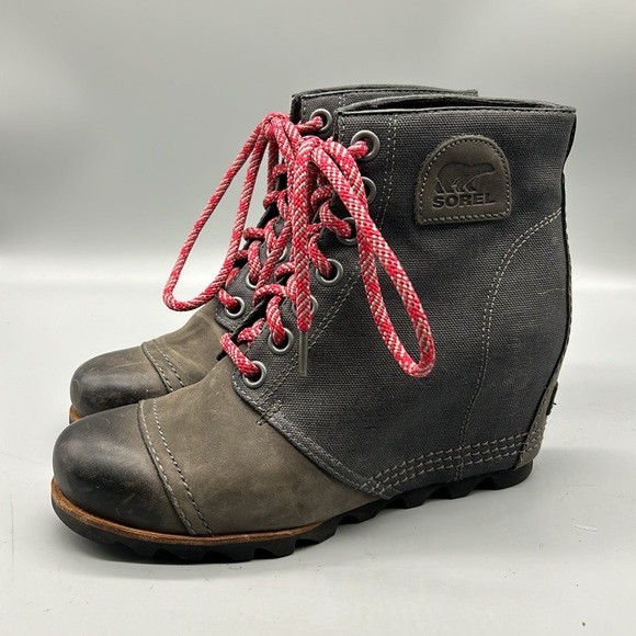 SOREL PDX GRAY LEATHER CANVAS LUG SOLE HIDDEN WEDGE HEEL LACE UP BOOT SIZE 8.5 - Picture 2 of 10